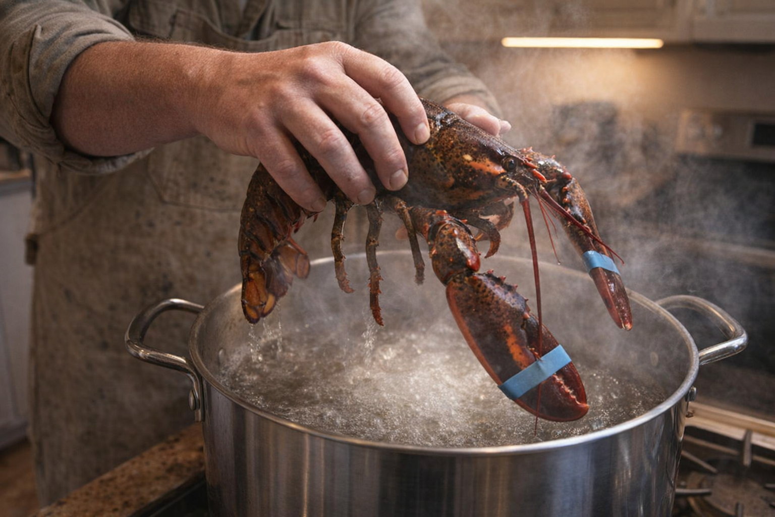 Close-up shot of a chef holding a live lobster over a large stockpot filled with boiling water, steam rising, kitchen setting, overhead lighting